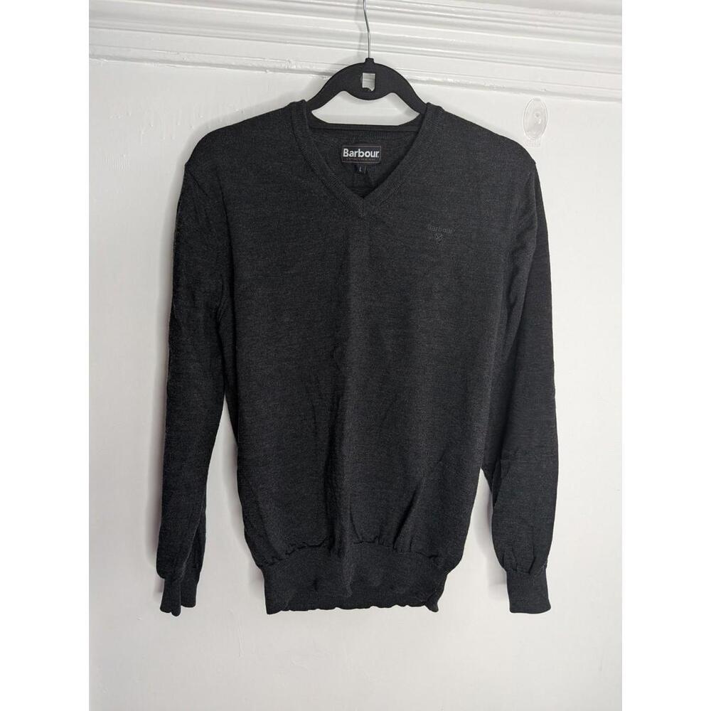 Barbour Sweater Mens Large Gray Merino Wool V Neck Lightweight Knit Pullover